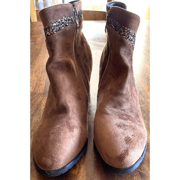 Brown Boots Womens Size 10 Suede & Glitter Ankle Boots Side Zipper & Chunky Heel - Picture 3 of 13